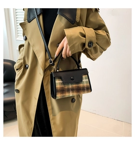 Brown and green plaid checkered handbag styled with a classic autumn trench coat