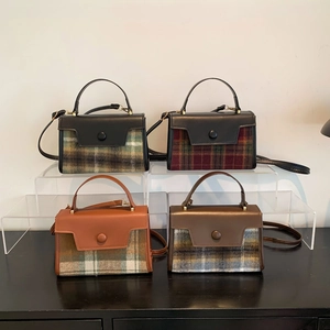 Retro plaid wool and leather handbags in black, red, and brown with crossbody straps