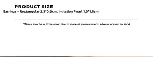 Detailed size chart showing dimensions of faux pearl and rectangular stainless earrings