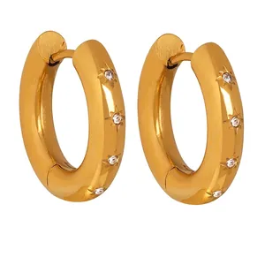 Hoop Earrings Titanium Steel 18K Gold Plated Star Engraved Zircon Chic Fashion Geometric Jewelry For Women