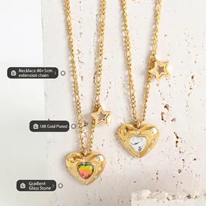 Collana con Pendente a Cuore in Acciaio Inossidabile Placcato Oro Pietra di Vetro Stella Zirconia Gioielli di Moda Donna