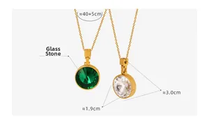 Detail of round glass stone pendants in green and clear colors with size dimensions
