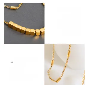 Détail du collier double couche plaqué or 18K avec cubes géométriques et tubes en acier