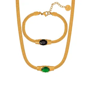 Necklace And Bracelet Vintage Gold Plated Titanium Steel Oval Glass Stone Zircon Herringbone Snake Chain Minimalist