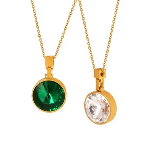 Round Glass Stone Pendant Necklace For Women 18K Gold Plated Titanium Steel Vintage Exquisite Clavicle Chain Jewelry