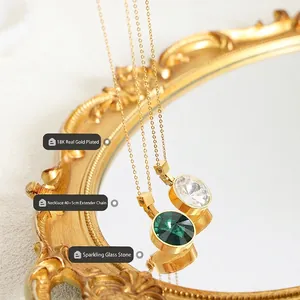 French vintage 18K gold plated round glass stone pendant necklace with 40cm plus 5cm chain