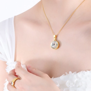 Vintage gold plated stainless steel necklace and ring set with round clear crystal stones