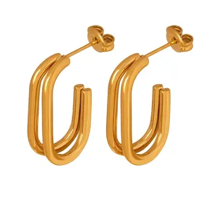 Orecchini A Cerchio Geometrici A Forma Di U A Più Strati Per Donna In Acciaio Al Titanio Lucidato A Specchio Placcato Oro 18K