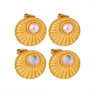 Vintage Sunray Texture Earrings Titanium Steel Faux Artificial Pearl Moonstone Stud Earrings For Women Elegant Jewelry
