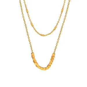 Collier Double Couche En Acier Inoxydable Plaqué Or 18 Carats Perles Carrées Géométriques Et Charmes Cylindriques Pour Femmes