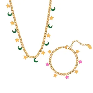 Collana E Bracciale Con Ciondoli Stella E Luna Estetico Placcato Oro 18K Acciaio Inossidabile Smalto Gioielli Celesti Per Donne