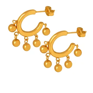 Boucles D'Oreilles Créoles Avec Charmes Boules En Acier Au Titane Plaqué Or 18K Style Français Géométrique Pour Femmes