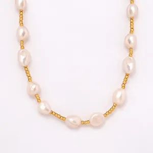 Freshwater Pearl Necklace Titanium Steel Gold Plated Baroque Irregular Beaded Clavicle Chain French Elegant For Women