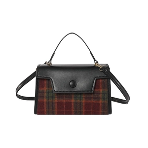 Retro plaid wool handbag for women featuring black leather trim and top handle strap