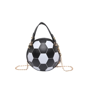 Unique soccer ball shaped shoulder bag in black and white PU leather with gold chain strap