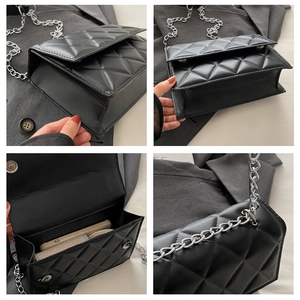 Detailed views of black quilted crossbody bag with silver chain and magnetic closure