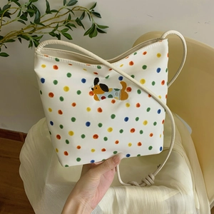 PU Leder Eimertasche Umhängetasche Bunte Punkte Cartoon Hund Stickerei Geknoteter Riemen Damen Umhängetasche
