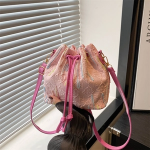 Women's Nylon Bucket Bag Cute Rainbow Embroidery Drawstring Large Capacity Fashion Versatile Shoulder Crossbody Handbag