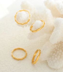 Detailed view of four golden bamboo style titanium rings displayed on coral decor