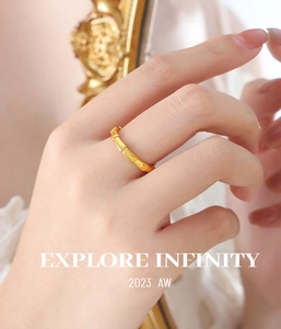 Close-up of golden bamboo-style ring worn on finger with elegant aesthetic finish