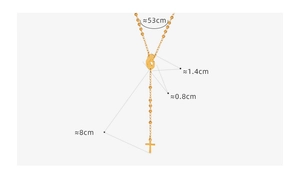 Detailed dimension guide for a golden bead chain necklace with Virgin Mary and cross pendant