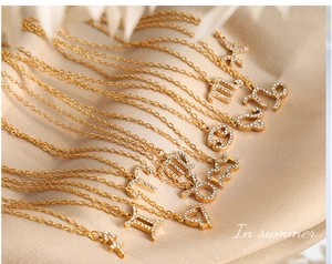 Detail of gold-plated 18K zodiac pendants with sparkling white zircons on silk