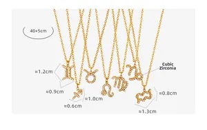 Detail of zodiac pendant necklaces with white rhinestones and gold plating on white background