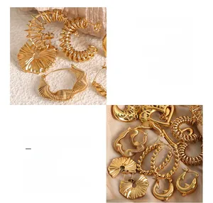 Detail of 18K gold plated titanium steel earrings with twisted textures and polished finish