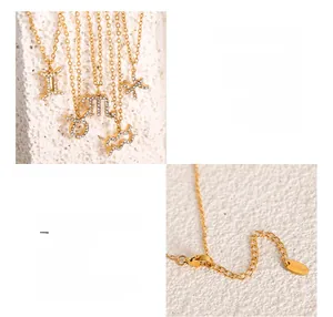 Close-up of 18K gold plated zodiac pendant with lobster clasp and extension chain detail