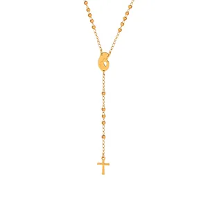 Rosary Necklace For Women 18K Gold Plated Titanium Steel Virgin Mary Medal Cross Pendant Beaded Y Long Sweater Chain