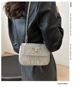 Detail of grey crossbody bag featuring pleated texture and silver butterfly ornament