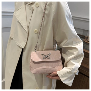Detailed shot of pink crossbody bag with silver butterfly charm and chain strap