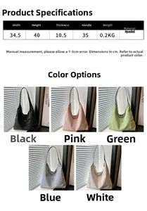 Size chart showing large capacity tote bag dimensions 34.5x40x10.5cm in five colors