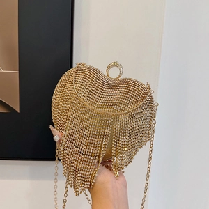 Heart Shaped Rhinestone Tassel Evening Bag Luxury Sparkly Fringe Clutch Purse With Chain Strap For Party