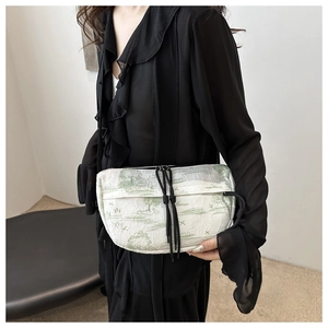 Women's ink painting nylon shoulder bag with landscape print and black drawstring detail