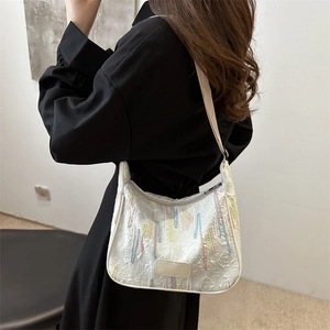 White nylon shoulder bag with colorful beads, large capacity and textured F pattern