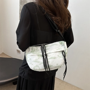 New Chinese style underarm bag with green Toile de Jouy landscape print and nylon strap