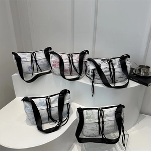 Waterproof tie-dye nylon crescent bag with landscape print and wide shoulder strap