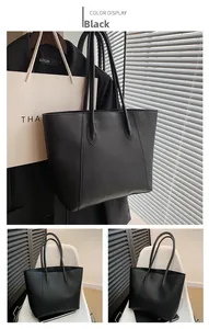 Three-panel view of a black PU leather tote bag with long handles and a minimalist design