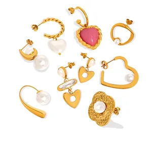 Boucles D'oreilles Pendantes Cœur Künstliche Perles Artificielles Acier Titane Plaqué Or Style Baroque Bijoux Femme