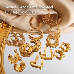 Retro 18K gold plated titanium steel twist and C-shaped earrings collection with textures