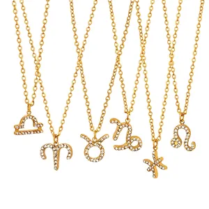 Zodiac Sign Pendant Necklace Titanium Steel 18K Gold Plated Sparkling Rhinestone Jewelry Gift For Women