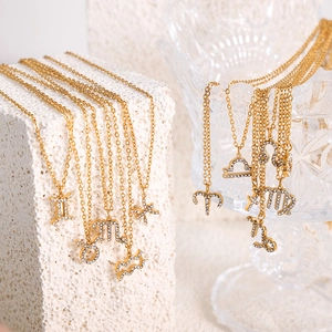 18K gold plated zodiac pendant necklaces with sparkling rhinestones on textured stones
