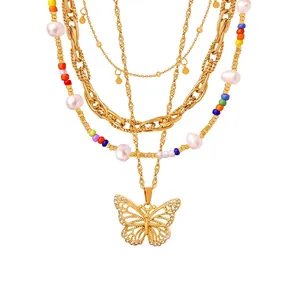 Collana E Bracciale Multistrato In Acciaio Inossidabile Placcato Oro Vintage Perla D'acqua Dolce Occhio Di Tigre Ciondolo Farfalla
