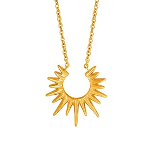 Collier Pendentif Soleil Acier Inoxydable Plaqué Or 18K Rayons De Soleil Starburst Bijoux Boho Minimalistes Femmes Hommes