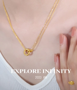 Primer plano del collar con colgante de doble anillo dorado usado por modelo con marca 2023 AW
