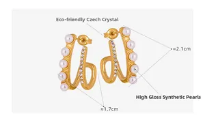 Detailed size of gold double-row J-shaped earrings with shell pearls and rhinestones
