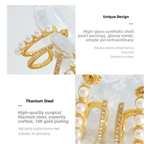 Detailed macro view of gold-plated titanium earrings with synthetic shell pearls and zircons