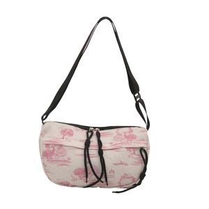 Waterproof nylon crossbody bag with pink landscape ink print and ruched fabric design