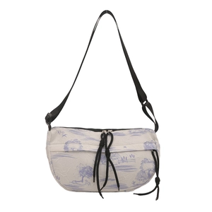 Fashionable white crescent crossbody bag with blue landscape print and adjustable strap
